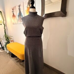 Zara Grey Knit Co-Ord Set Sleeveless Turtleneck & Midi Skirt M